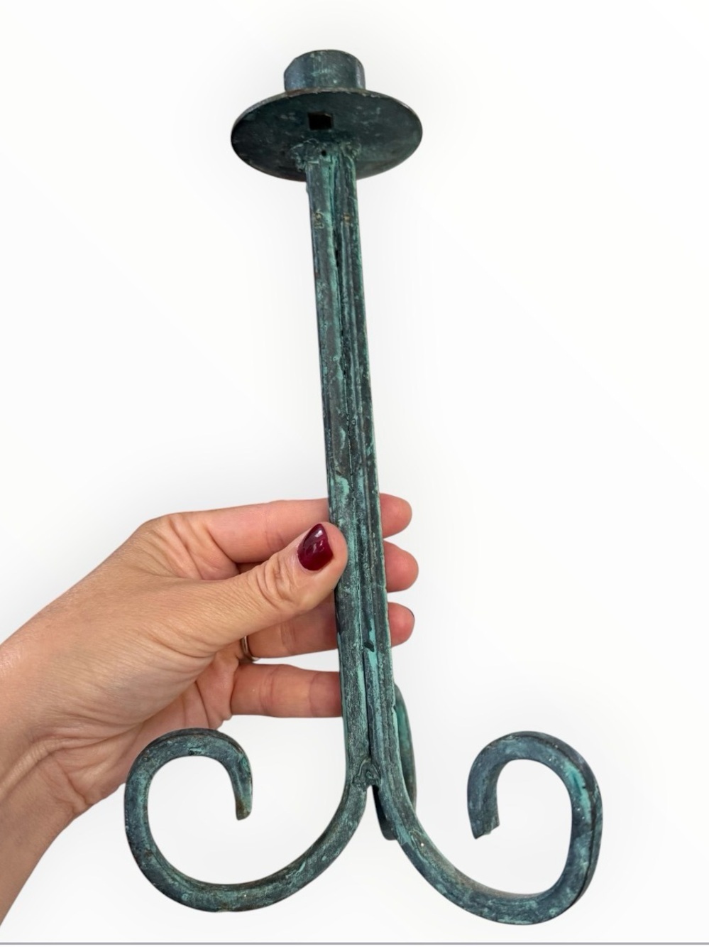Vintage mid century verdigris scroll taper candle holder with green patina